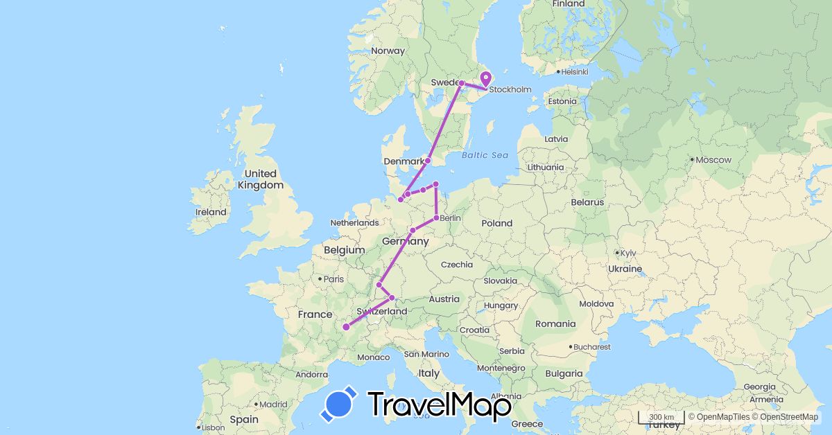 TravelMap itinerary: driving, train in Germany, Denmark, France, Sweden (Europe)